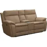 Huntley Zero Gravity Triple Power Reclining Console Loveseat with USB in Sand Brown Top-Grain Leathe